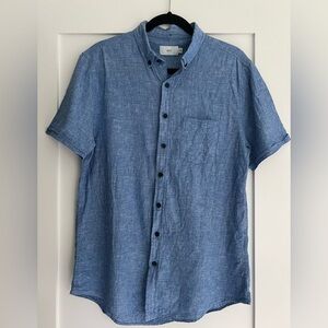 Onia Shirt M Blue Solid Linen Blend Short Sleeve